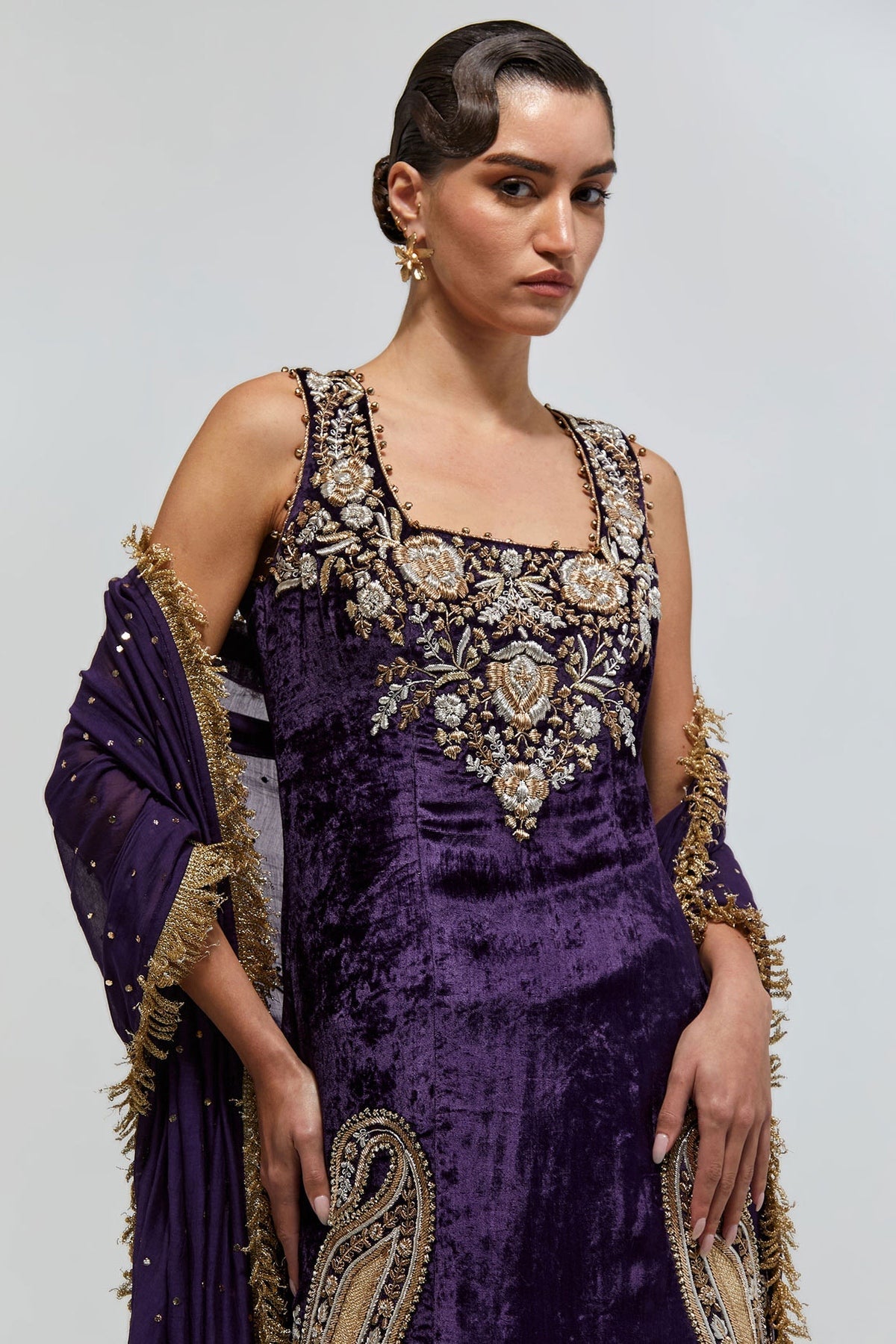 Elara Purple Velvet Embroidered Kurta With Farshi Salwar And Mukaish Silkmul Dupatta