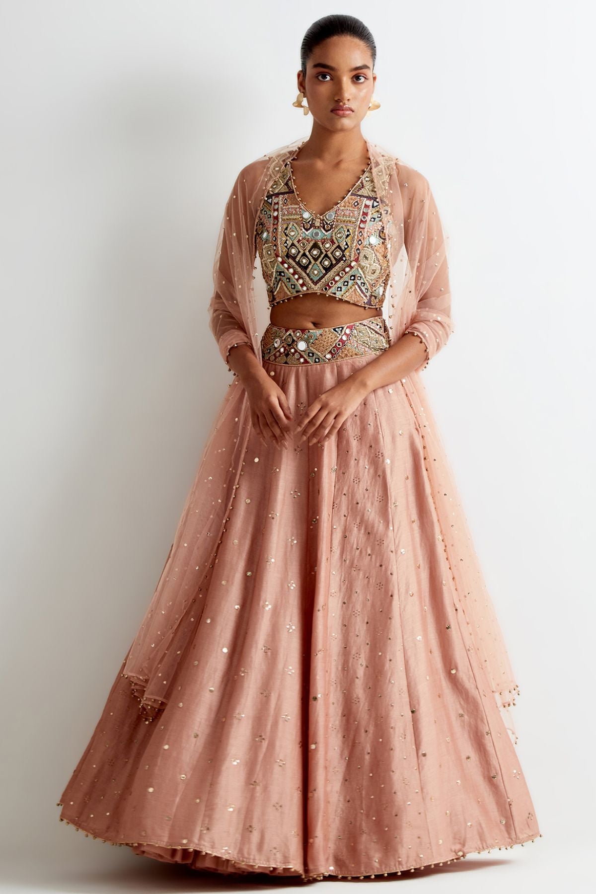 Mahnaz Peachy Pink Georgette Embroidered Choli With Lehenga And Mukaish Net Dupatta