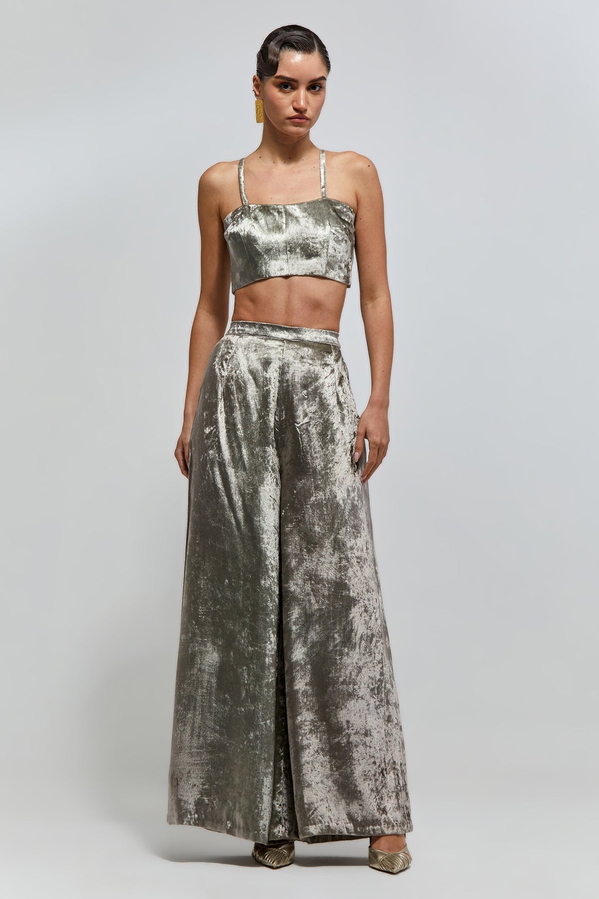 Mehra Grey Velvet Embroidered Backless Jacket With Bustier And Palazzo