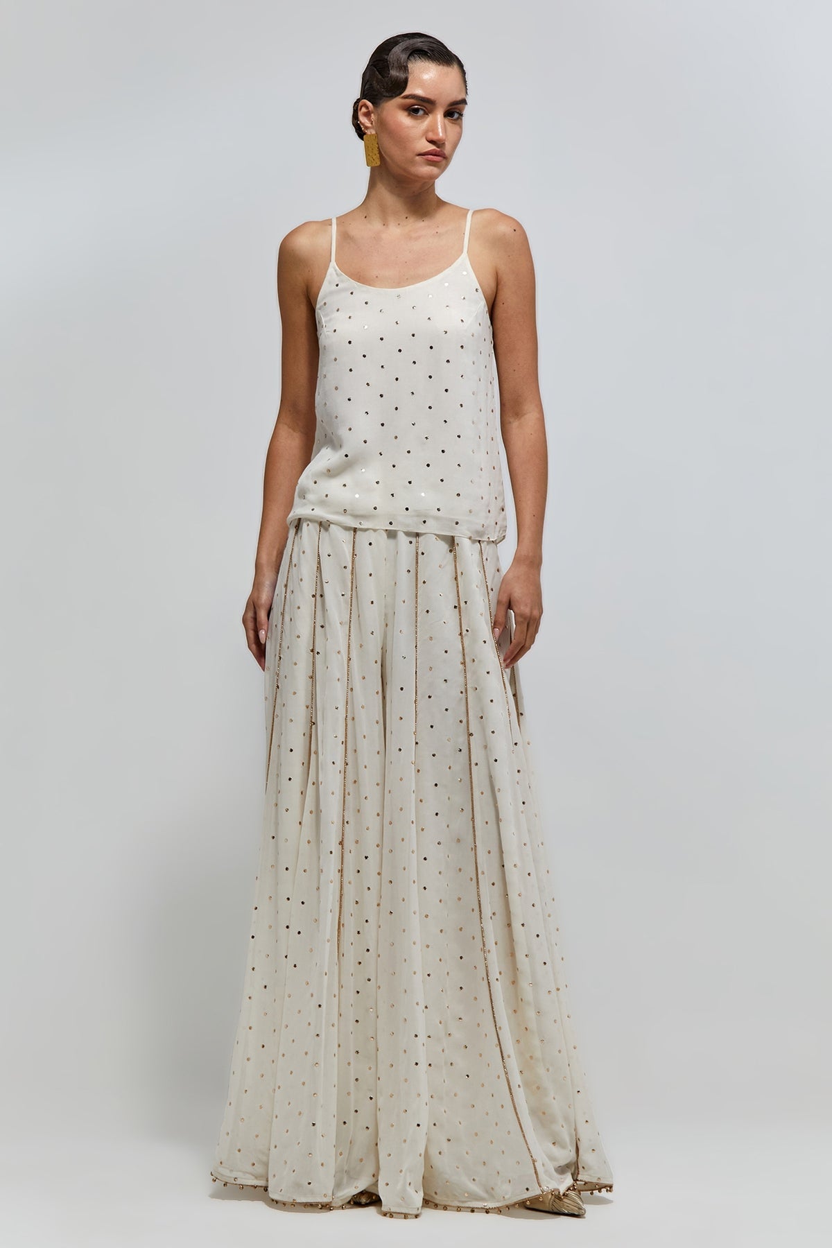 Asaar Off-White Georgette Embroidered Jacket With Mukaish Georgette Camisole And Sharara