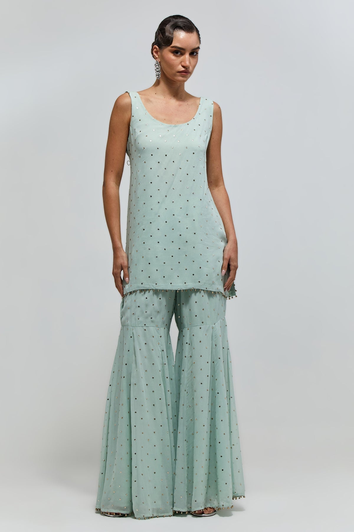 Manzar Powder Blue Georgette Embroidered Jacket With Short Kurta And Sharara