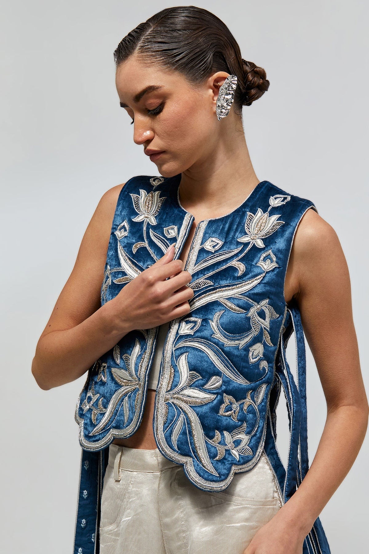 Nazm Navy Blue Velvet Quilted Embroidered Jacket With Organza Bustier And Bomber Pants