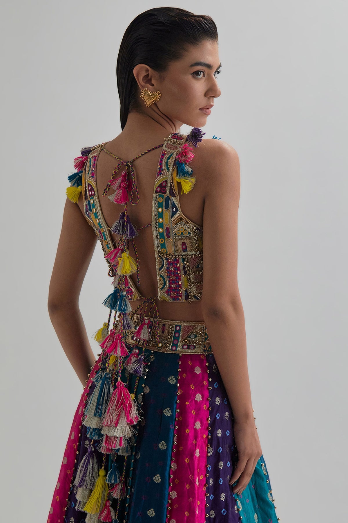 Resa Gold Tissue Embroidered Choli And Multi Colour Bandhani Lehengha