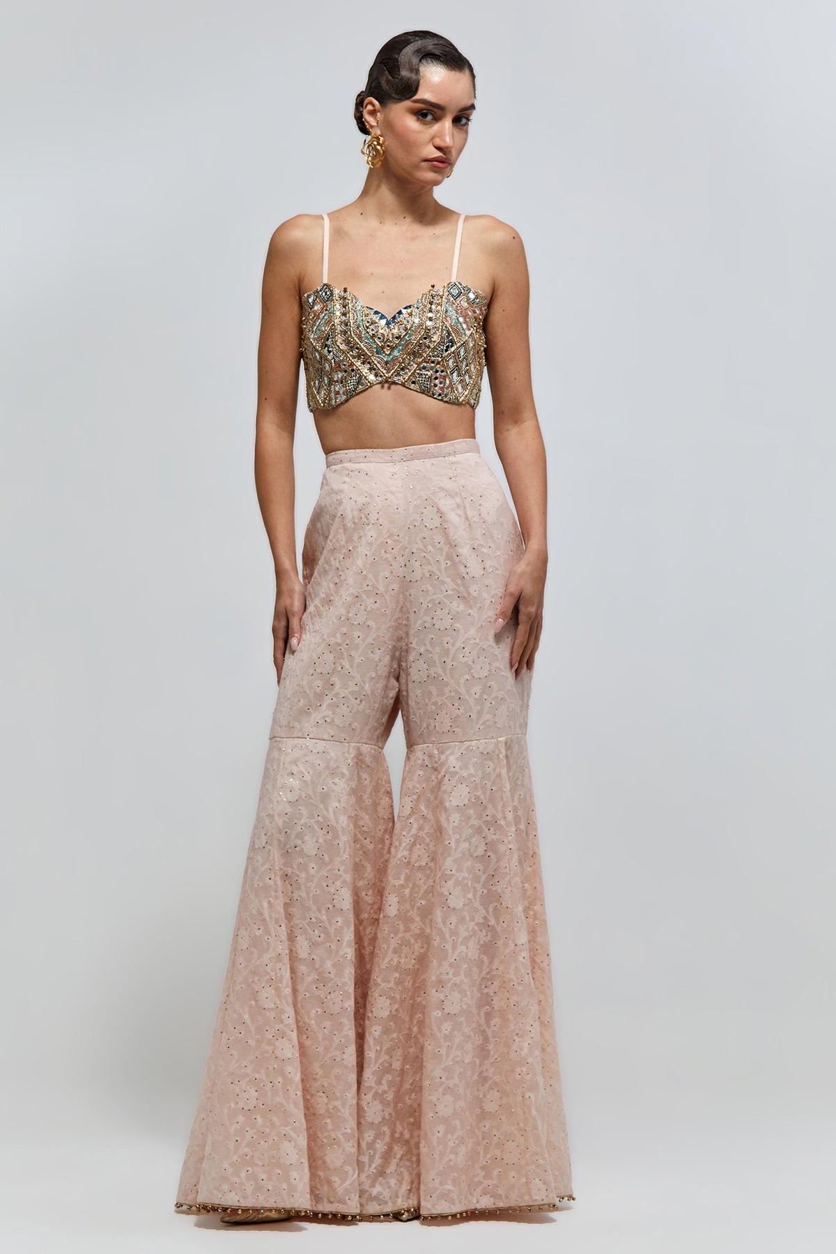 Raha Blush Pink Georgette Embroidered Jacket With Bustier And Katarwa Sharara