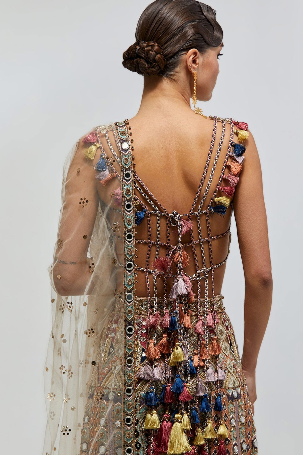 Fariha Champagne Georgette Embroidered Choli With Sharara And Mukaish Net Dupatta