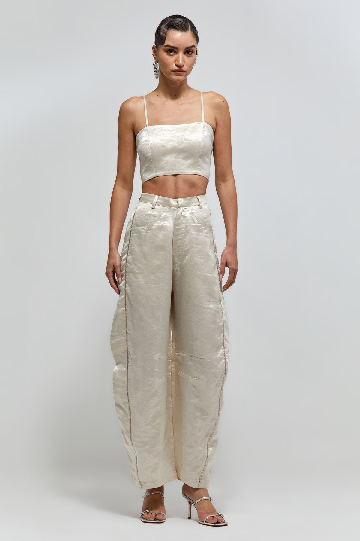 Nazm Navy Blue Velvet Quilted Embroidered Jacket With Organza Bustier And Bomber Pants