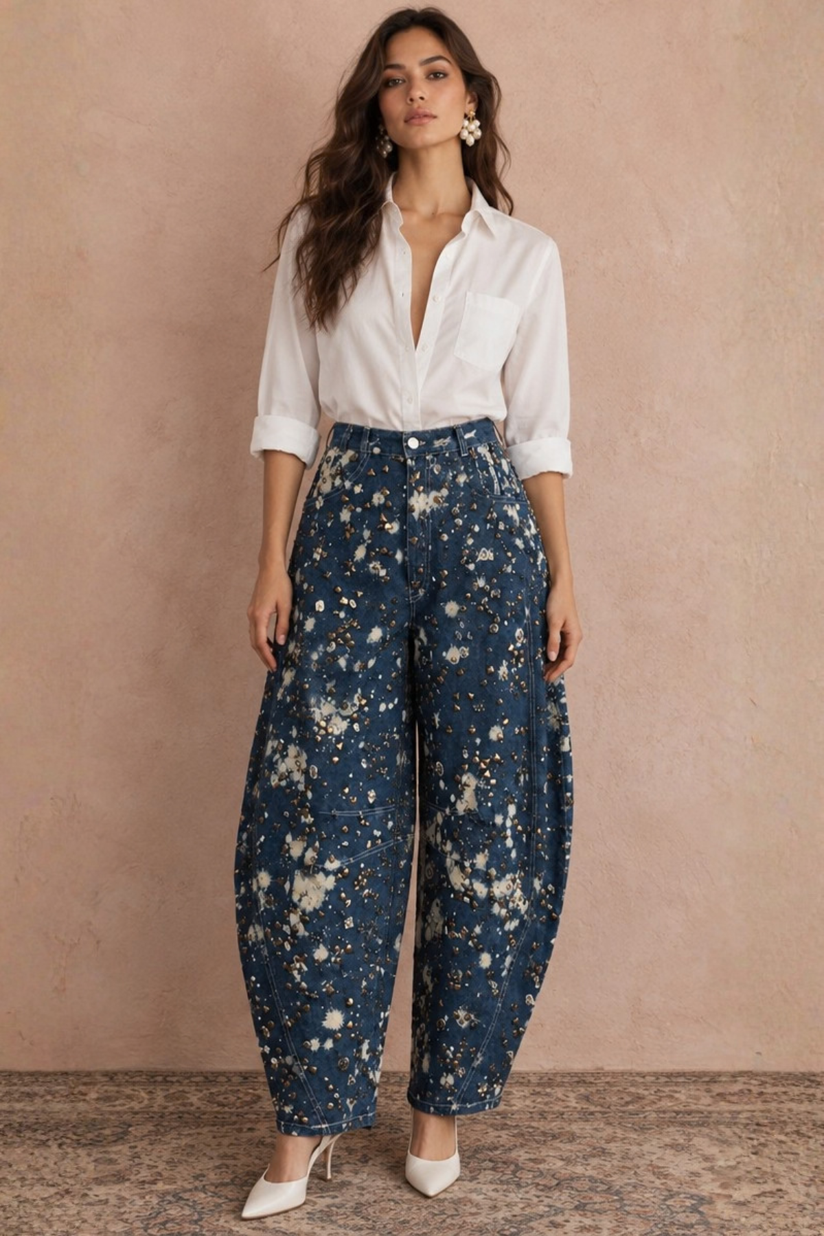 Dark Blue Denim Barrel Pants