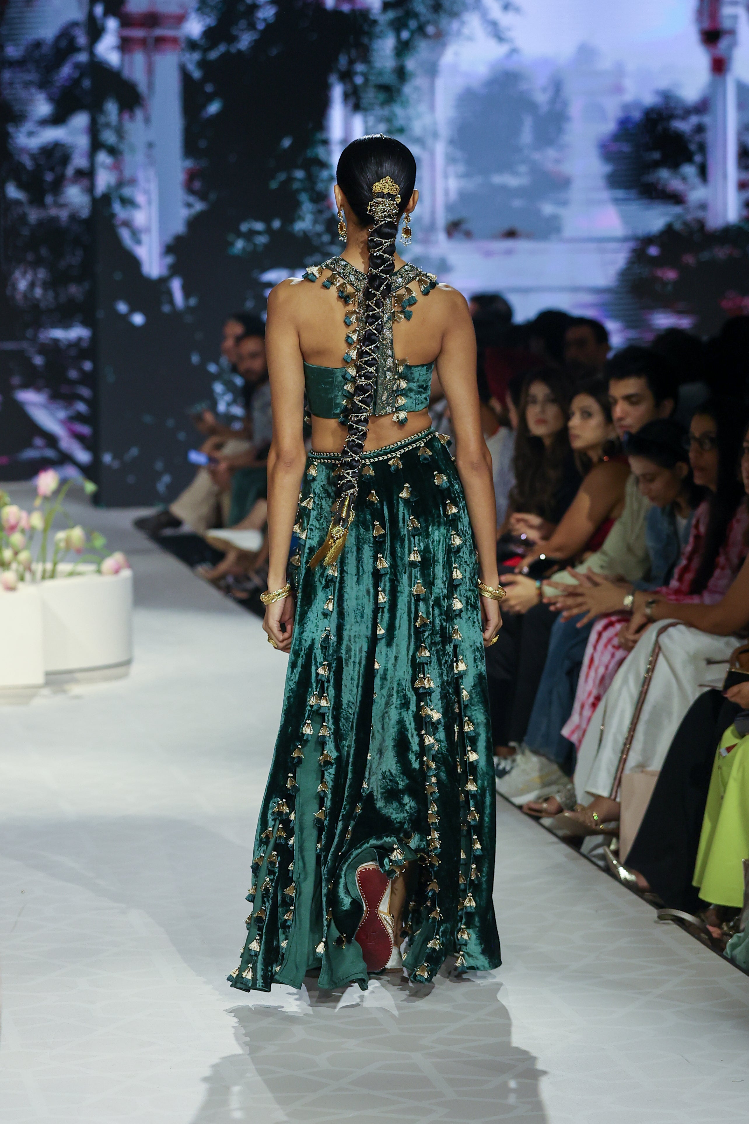 Rania Emerald Green Embroidered Back Tie-Up Choli With Slit Skirt