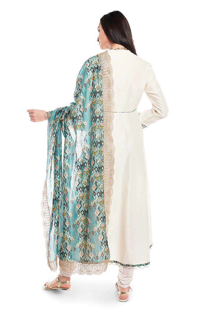 Cream Silkmul Overlap Anarkali with Soft Net Churidar and Blue Printed Silkmul Dupatta