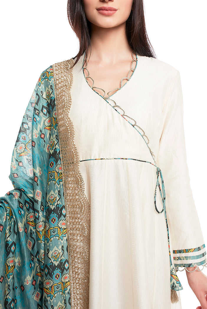 Cream Silkmul Overlap Anarkali with Soft Net Churidar and Blue Printed Silkmul Dupatta