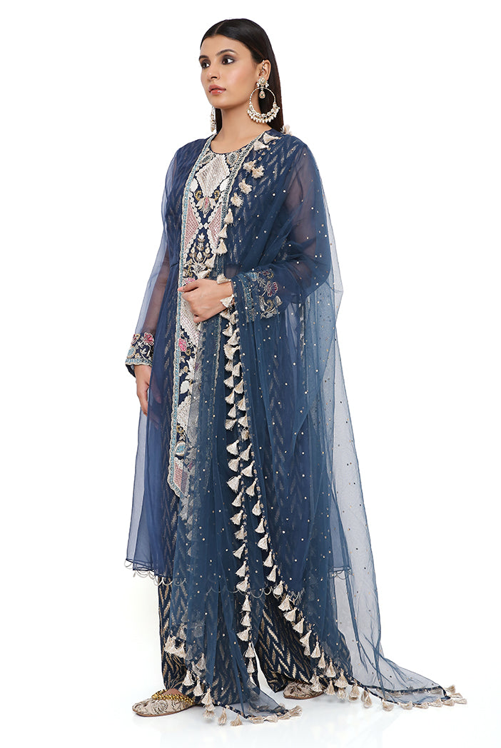 Noora Navy Organza Embroidered Yoke Anarkali With  Dash Ikat Banarasi Georgette Palazzo And Mukaish Net Dupatta