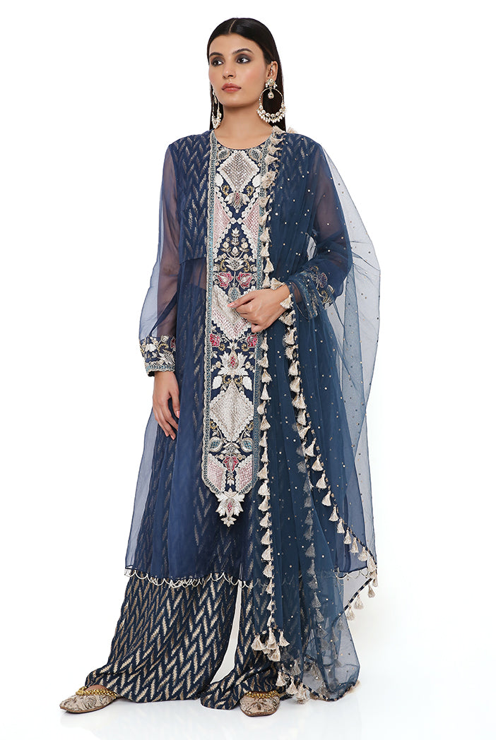Noora Navy Organza Embroidered Yoke Anarkali With  Dash Ikat Banarasi Georgette Palazzo And Mukaish Net Dupatta