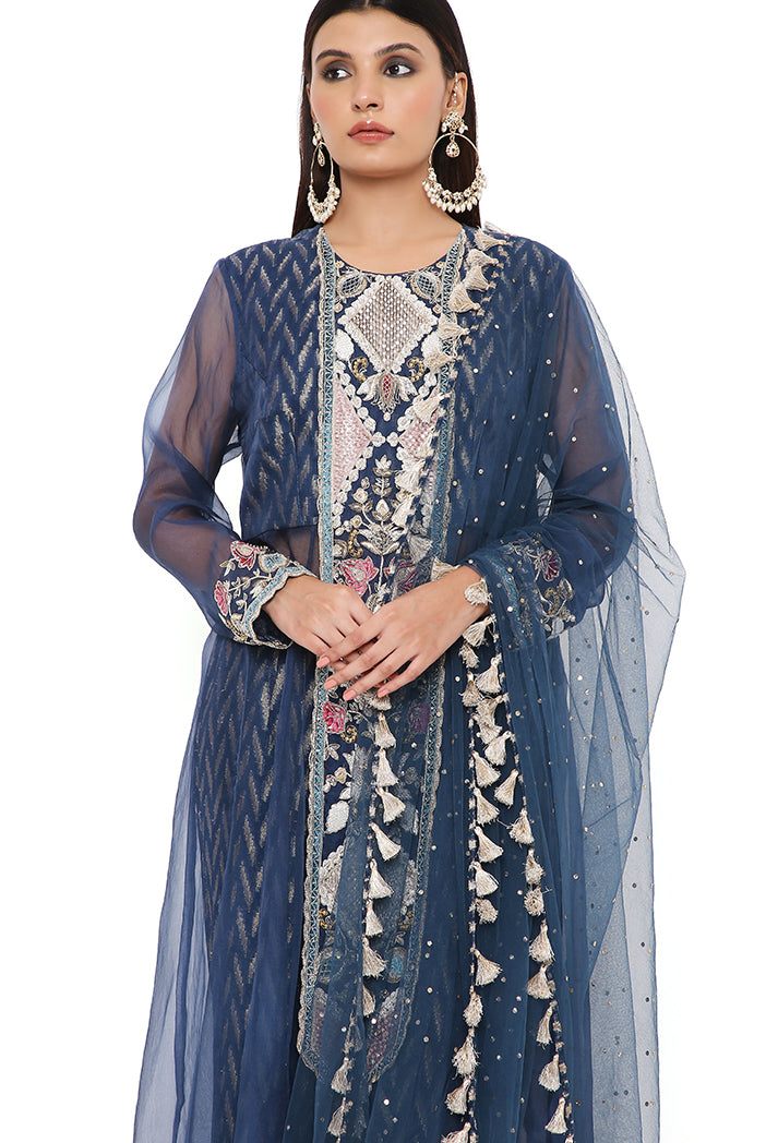 Noora Navy Organza Embroidered Yoke Anarkali With  Dash Ikat Banarasi Georgette Palazzo And Mukaish Net Dupatta