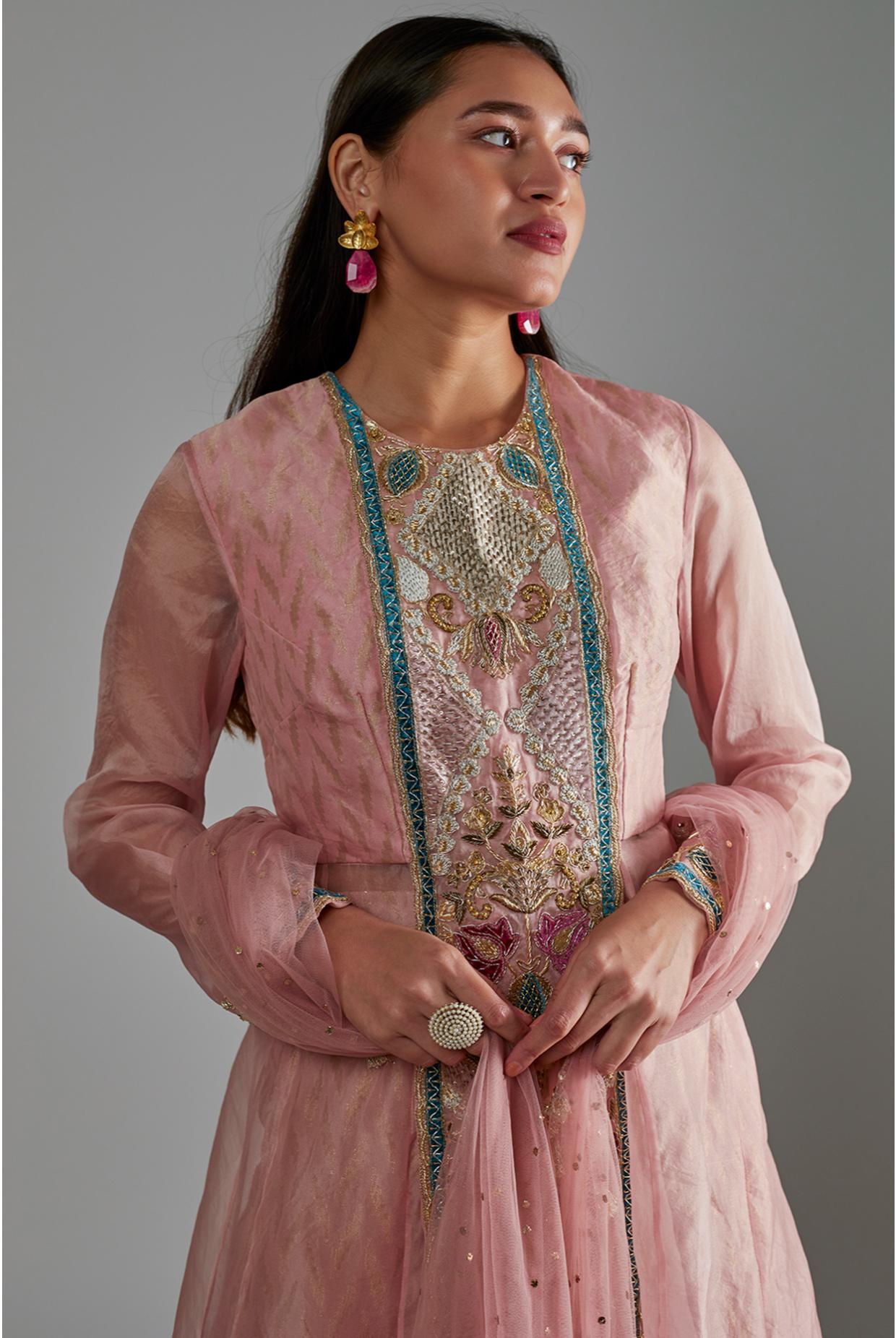 Rose Pink Embroidered Yoke Anarkali With Palazzo & Dupatta