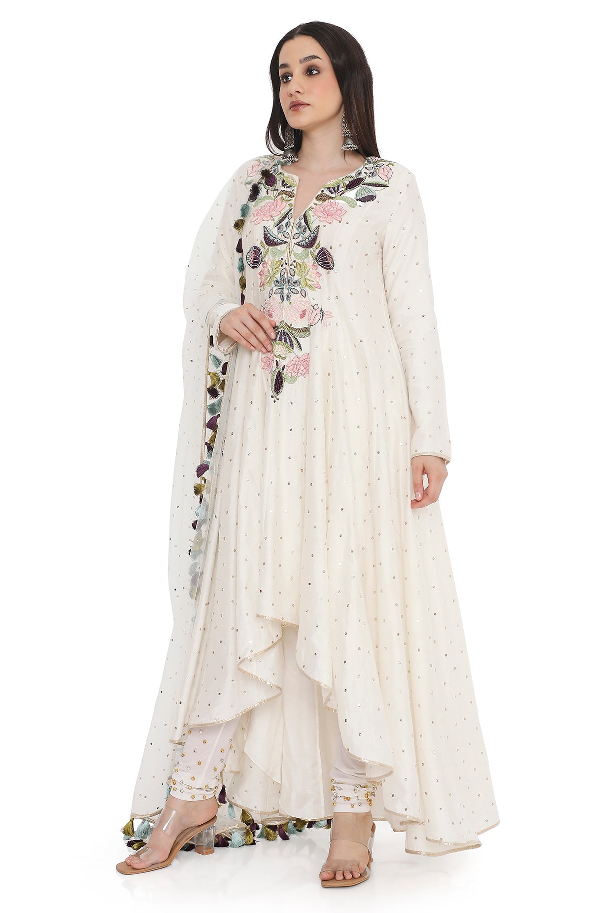 Off-White Embroidered High-Low Anarkali With Embroidered Churidar With Dupatta