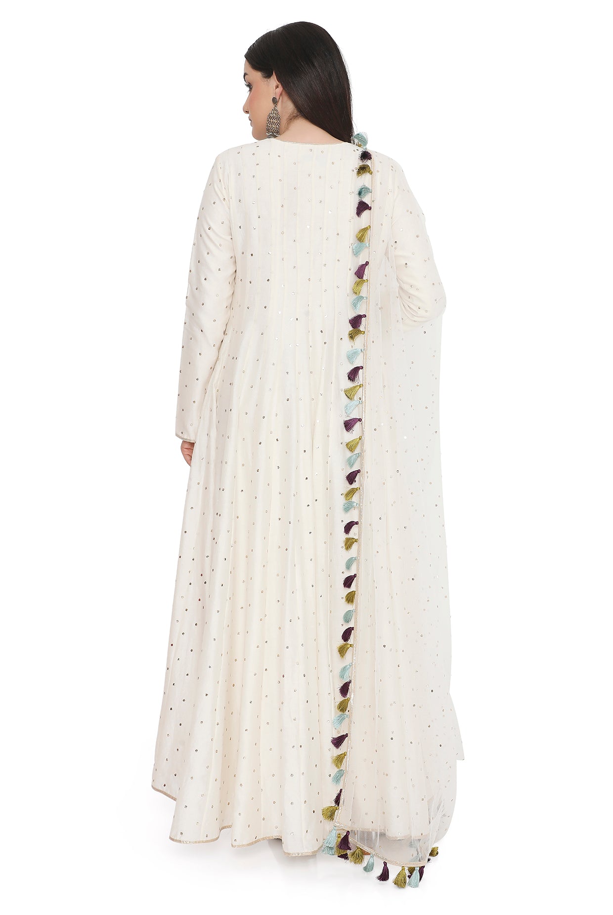 Off-White Embroidered High-Low Anarkali With Embroidered Churidar With Dupatta