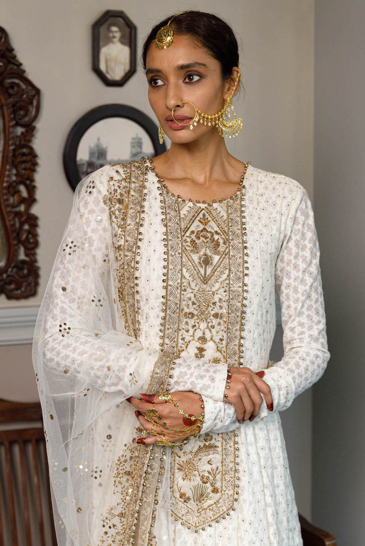 Nusrat Off White Embroidered Yoke Anarkali And Churidar With Dupatta