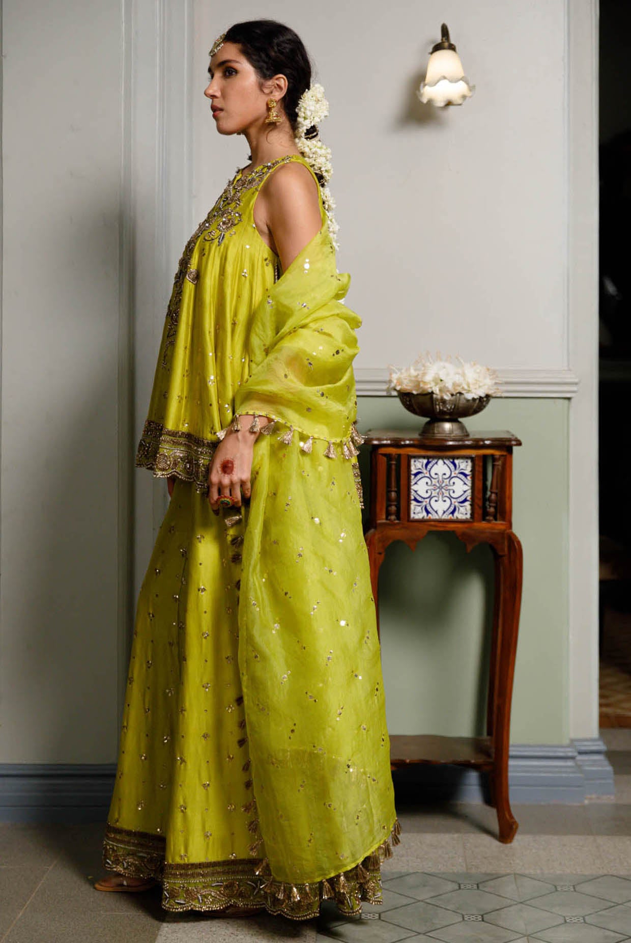 Jahanana Mehendi Green Embroidered Short Anarkali And Sharara With Dupatta