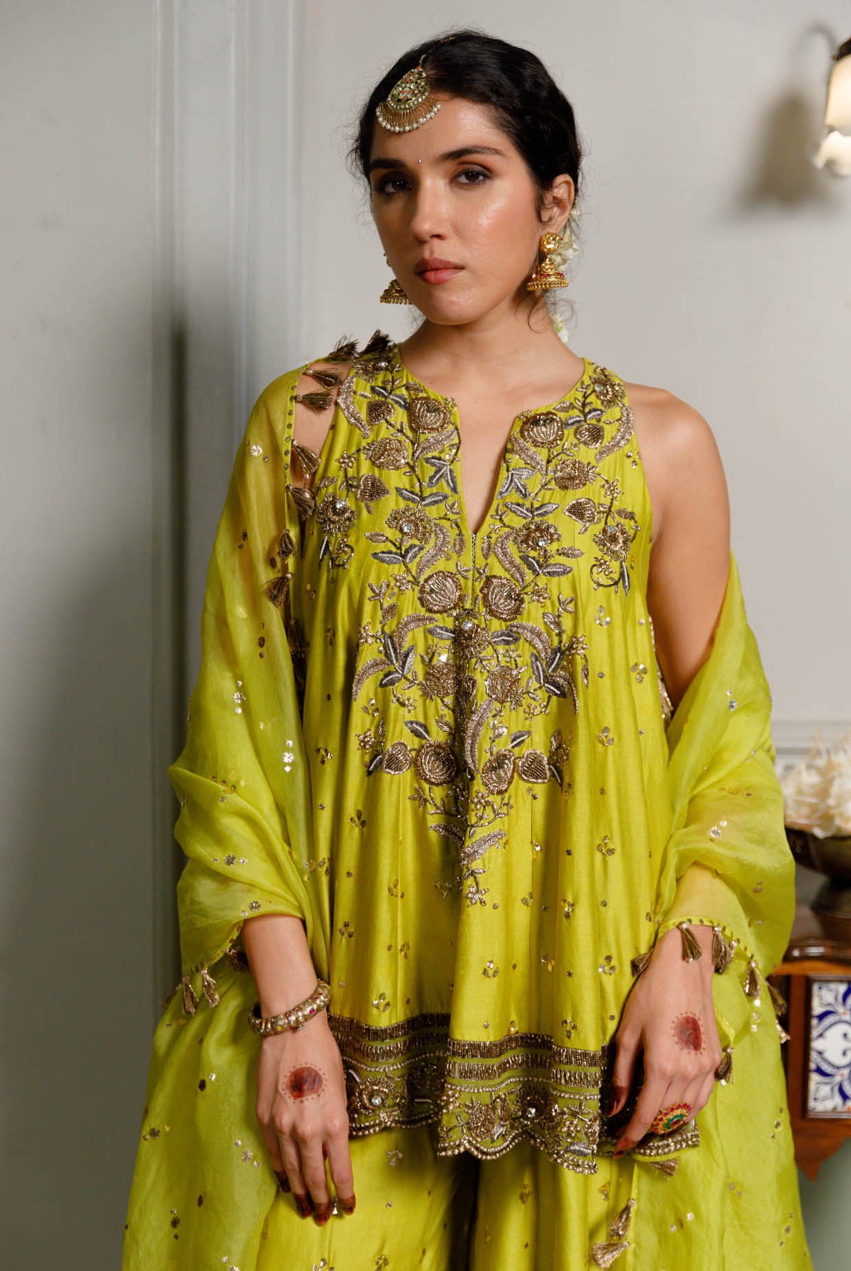 Jahanana Mehendi Green Embroidered Short Anarkali And Sharara With Dupatta