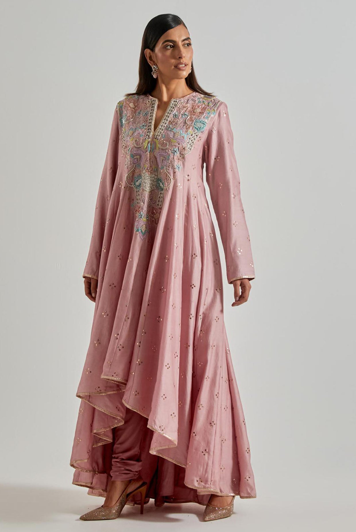 Lilac High-Low Anarkali with Churidar & Net Dupatta