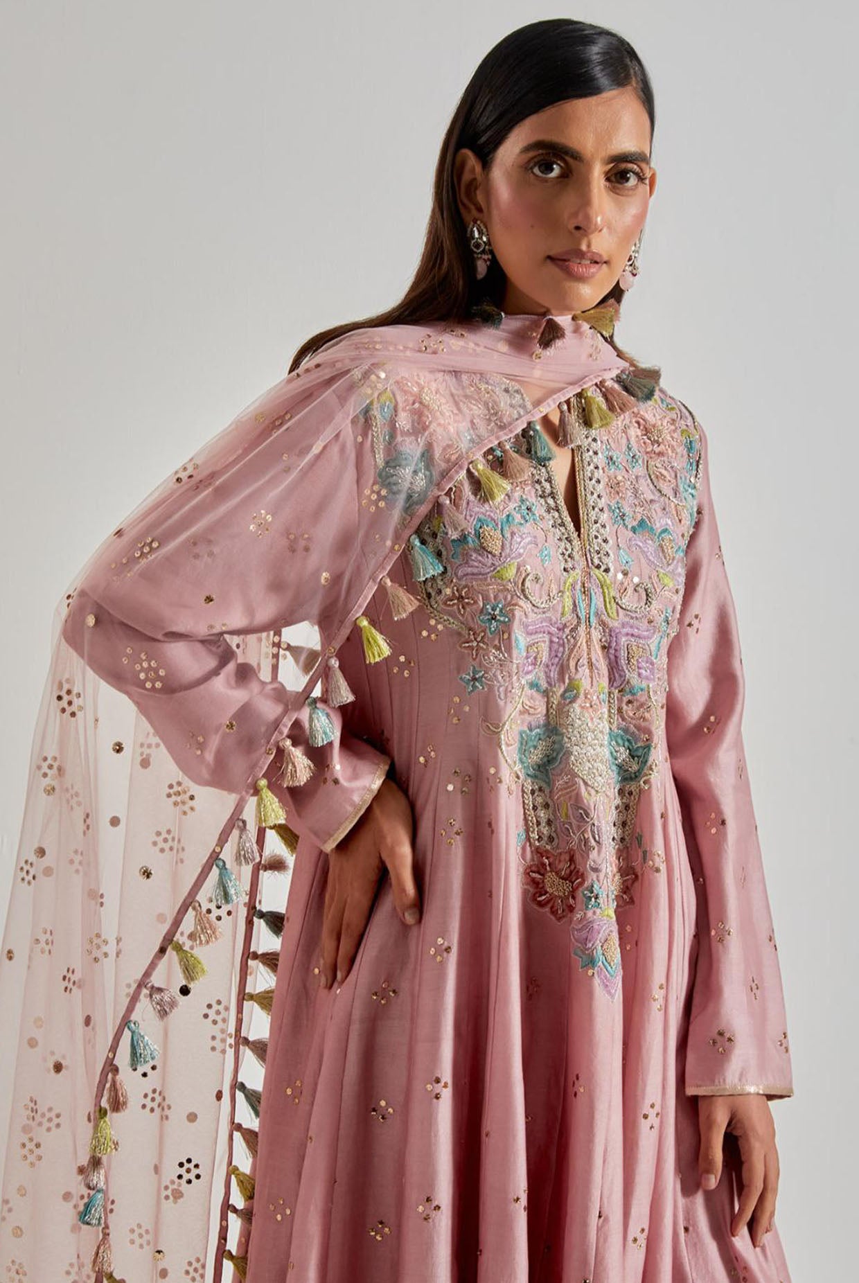 Lilac High-Low Anarkali with Churidar & Net Dupatta