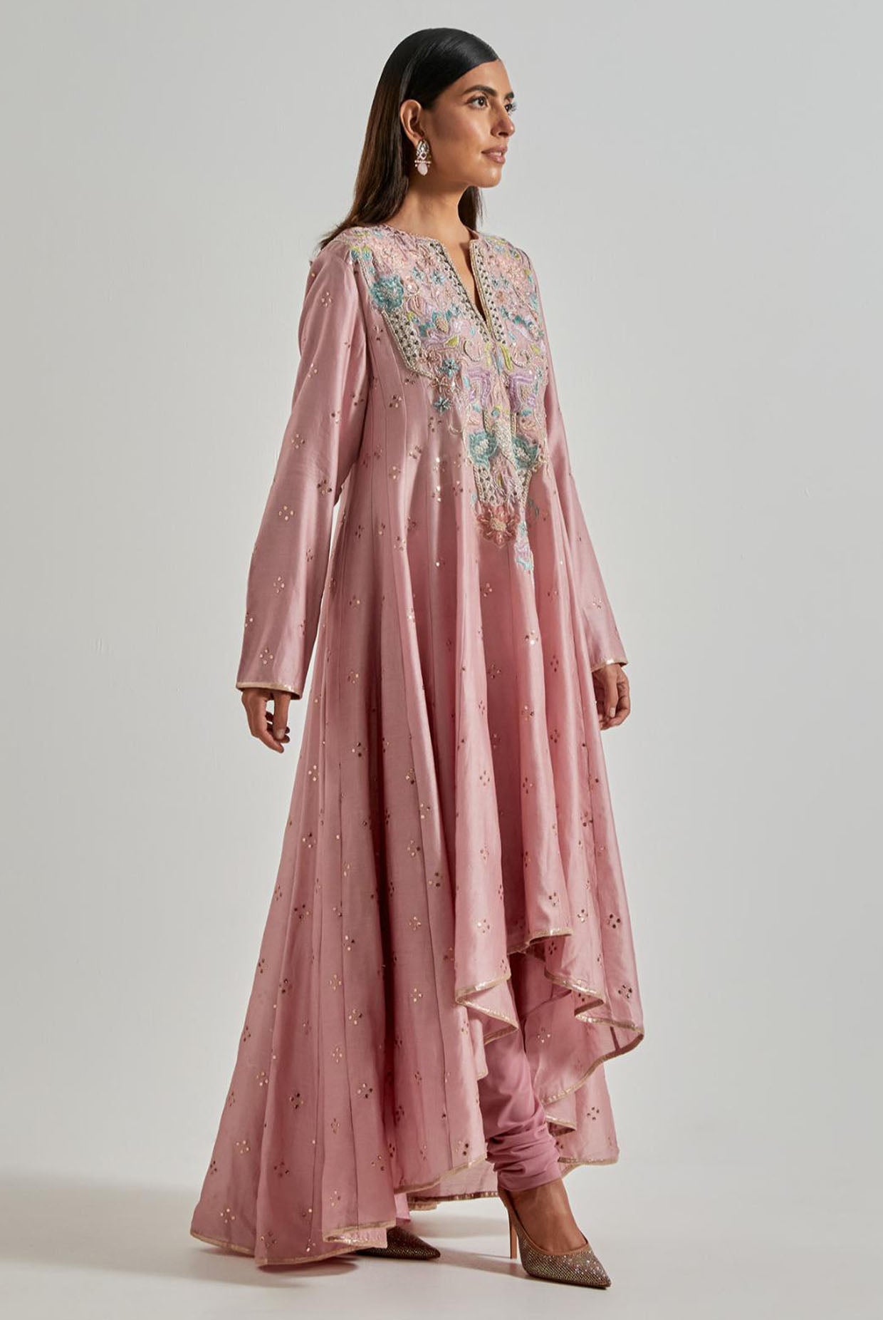 Lilac High-Low Anarkali with Churidar & Net Dupatta