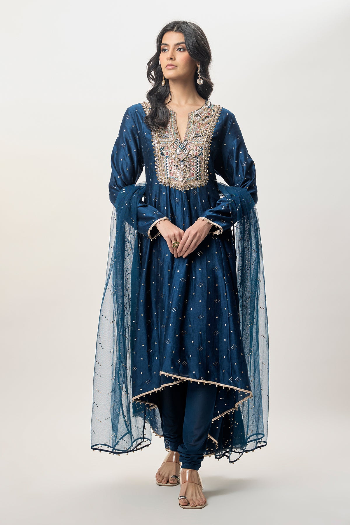 Ria Navy Blue Mukaish Silkmul Embroidered Anarkali With Churidar And Mukaish Net Dupatta