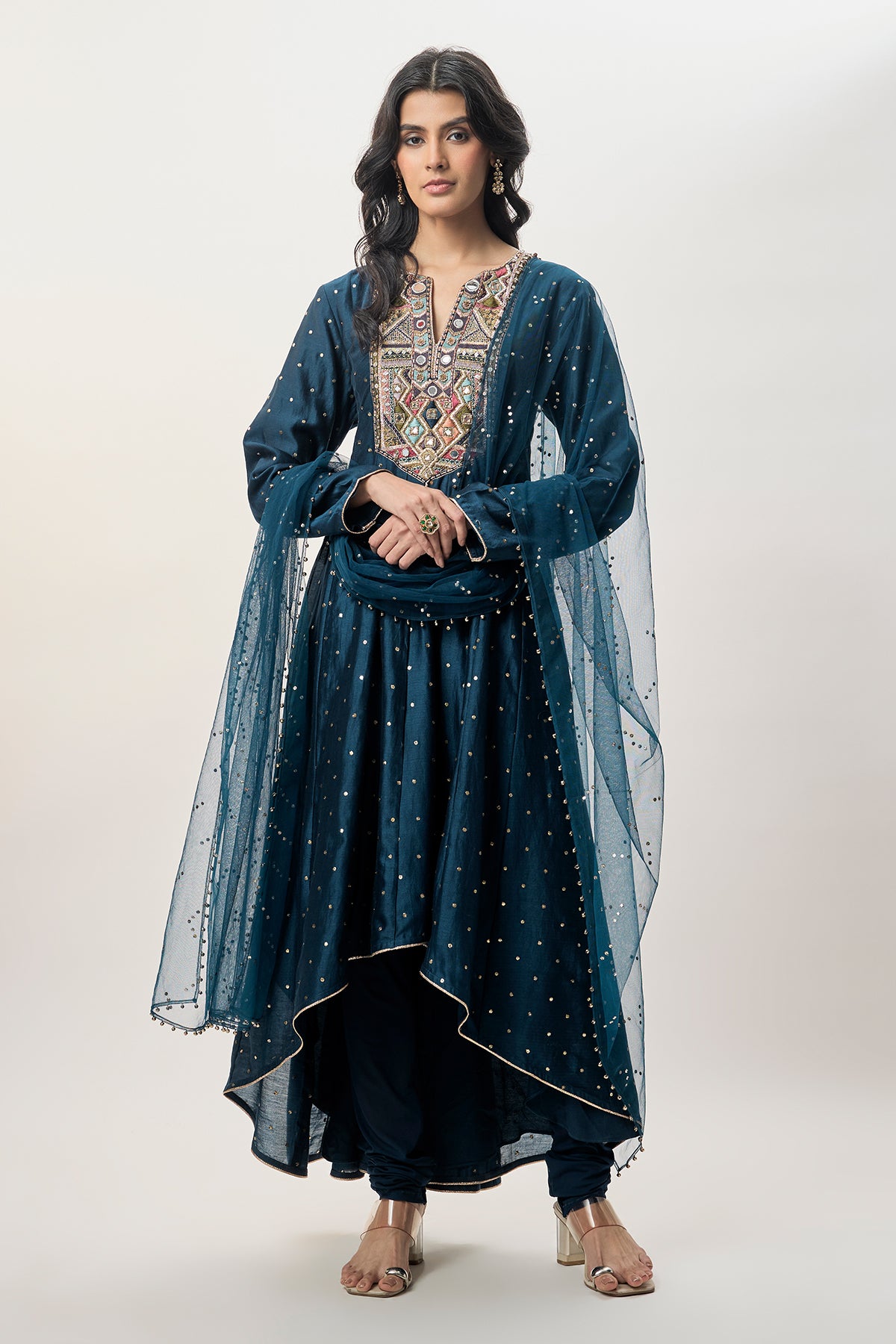 Zarrin Navy Blue Mukaish Silkmul Embroidered Anarkali With Churidar And Mukaish Net Dupatta