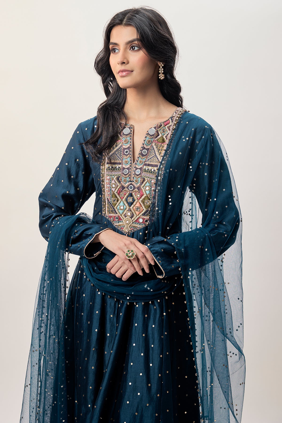Zarrin Navy Blue Mukaish Silkmul Embroidered Anarkali With Churidar And Mukaish Net Dupatta