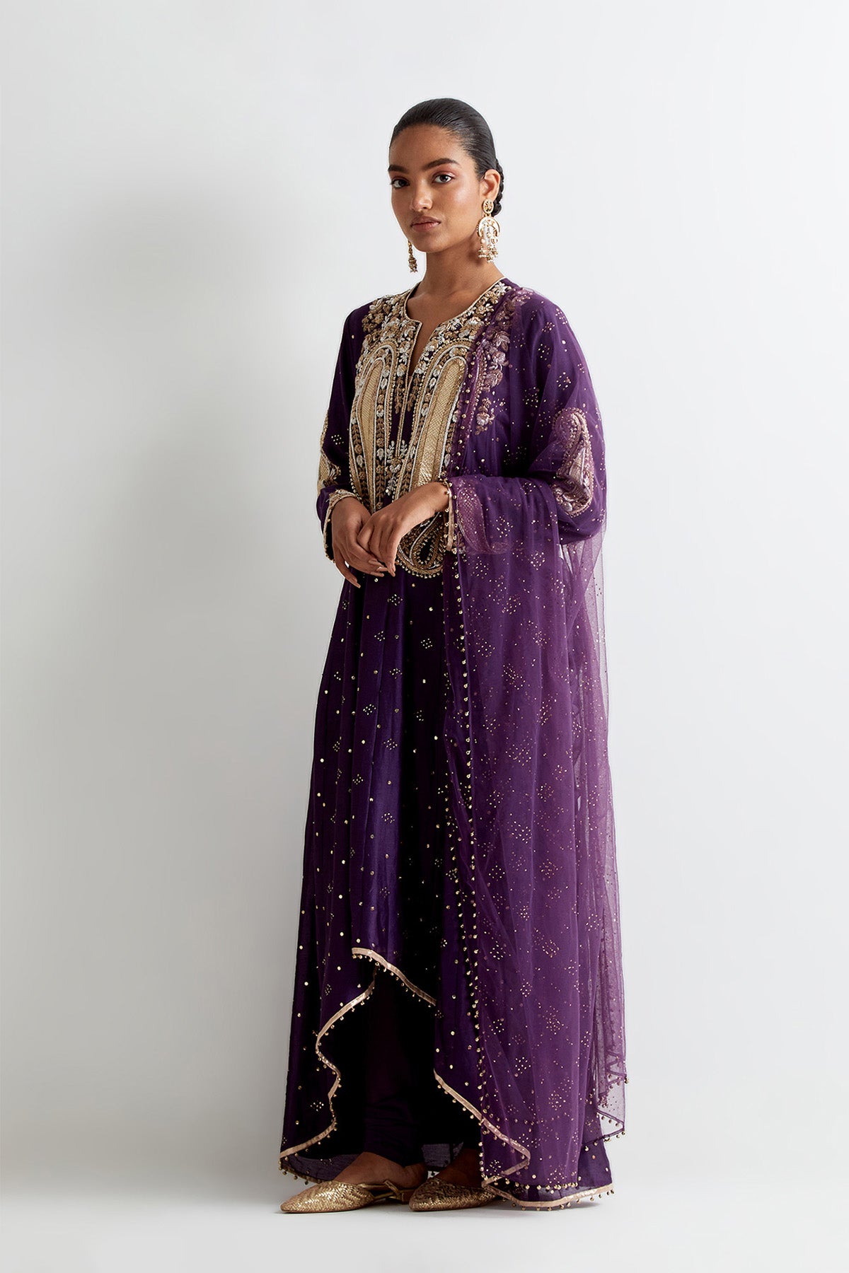 Purple Mukaish Silkmul Embroidered Anarkali With Soft Net Churidar And Mukaish Net Dupatta
