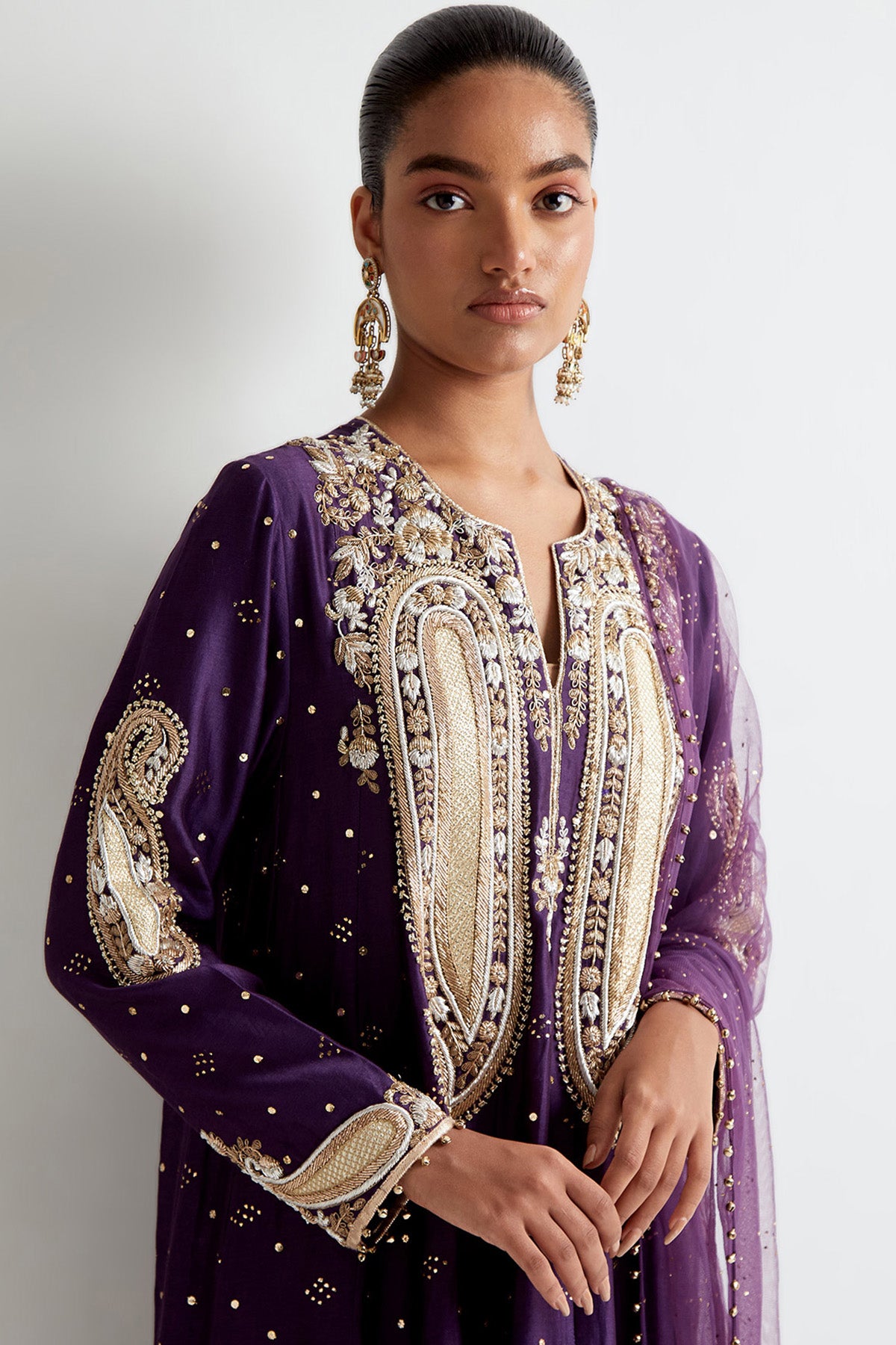 Purple Mukaish Silkmul Embroidered Anarkali With Soft Net Churidar And Mukaish Net Dupatta