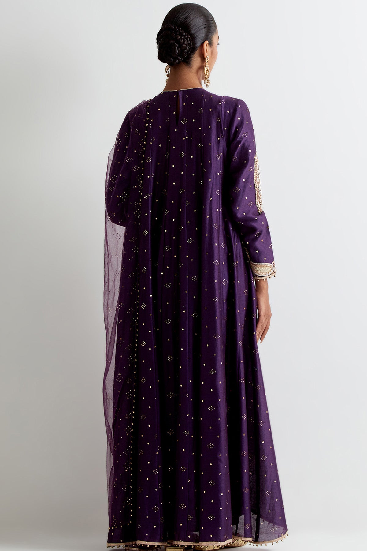 Purple Mukaish Silkmul Embroidered Anarkali With Soft Net Churidar And Mukaish Net Dupatta