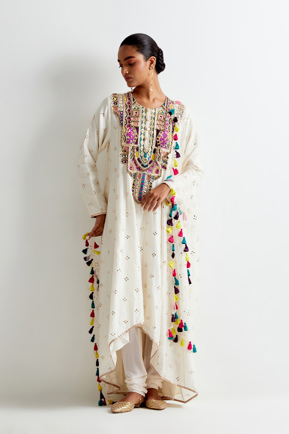 Off-White Silkmul Embroidered Anarkali With Soft Net Churidar And Mukaish Net Dupatta
