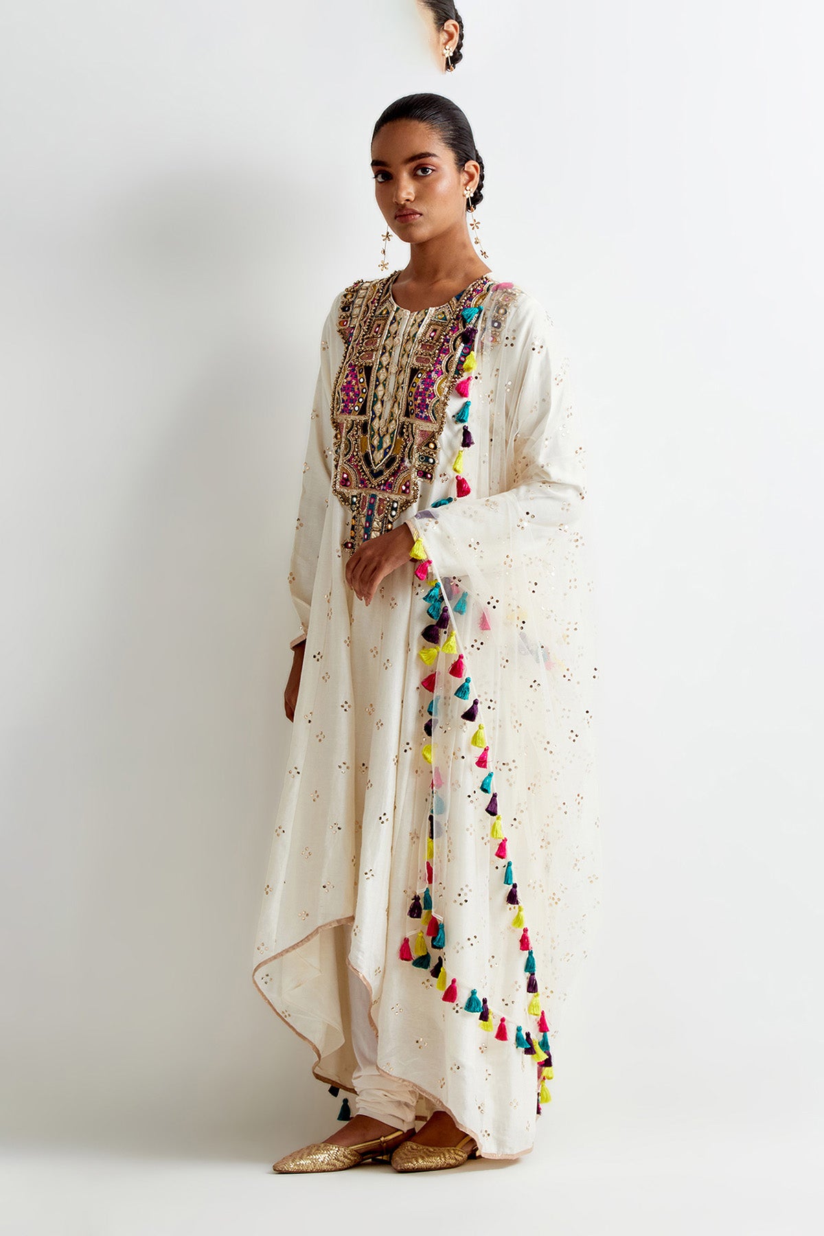 Off-White Silkmul Embroidered Anarkali With Soft Net Churidar And Mukaish Net Dupatta