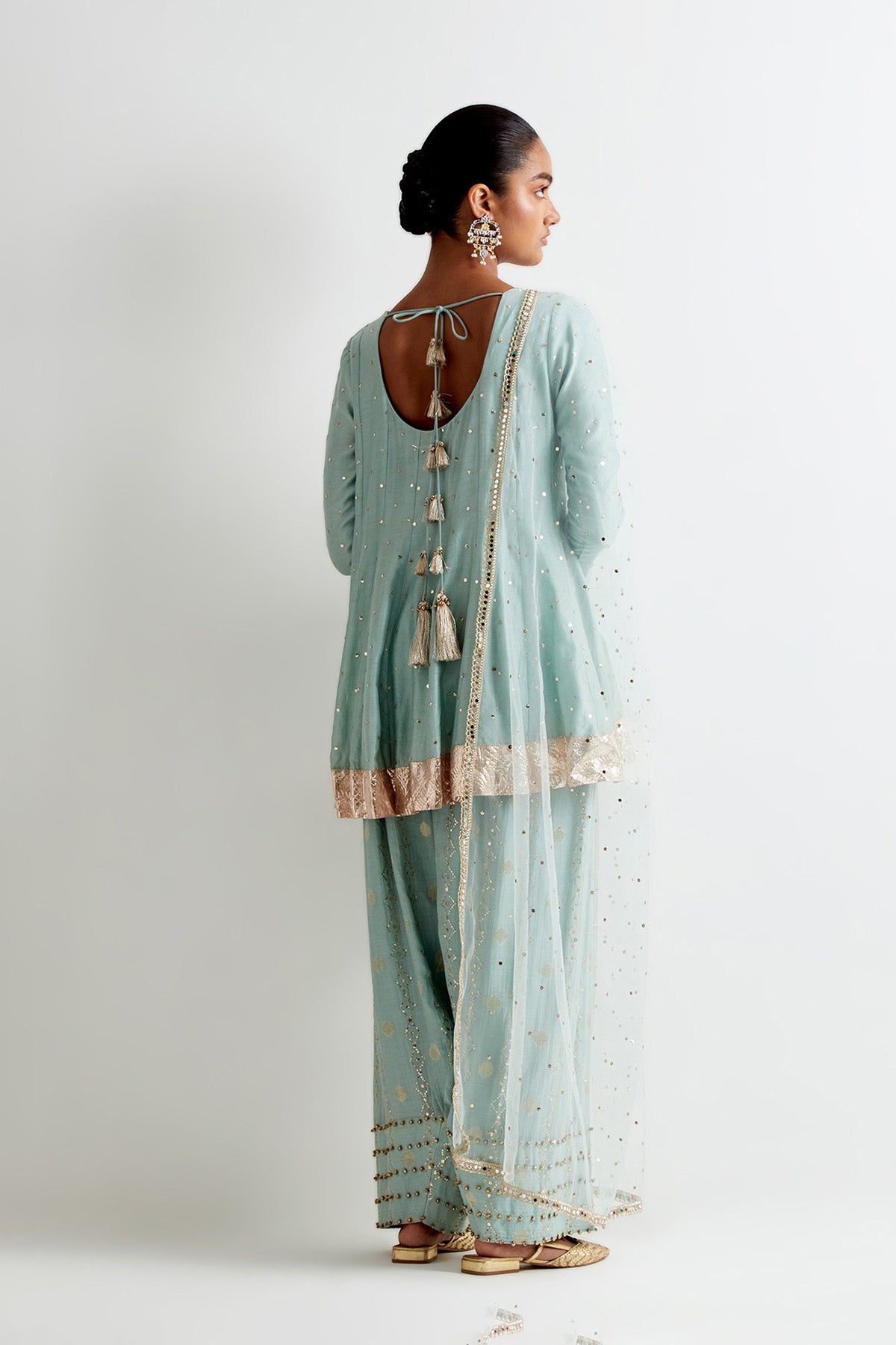 Sea Blue Mukaish Silkmul Embroidered Anarkali With Farshi Salwar And Mukaish Net Dupatta