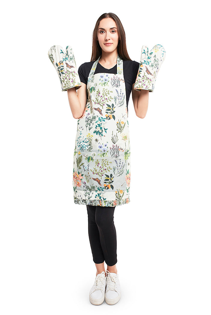 Ivory and Aqua Colour Printed Canvas Apron with Mittens and Pouch Set in Gift Box