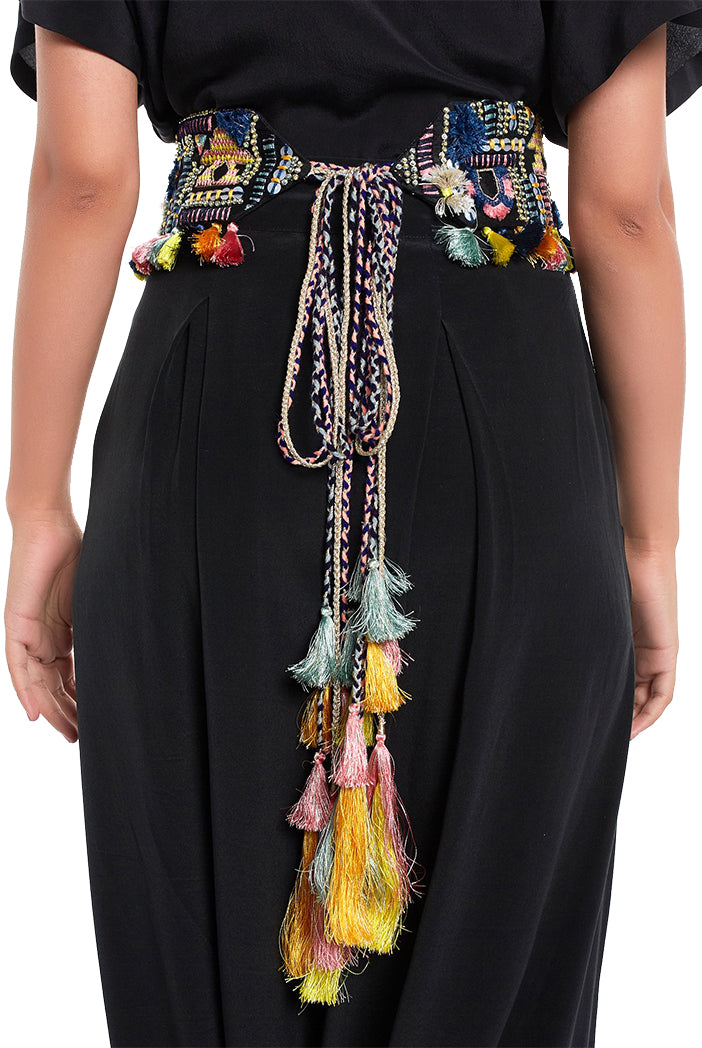 Black Dupion Silk Istanbul Embroidered Tie- Up Belt with Colourful Tassels