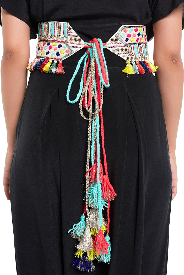 Cream Crepe Kutch Embroidered Tie- Up Belt with Colourful Tassels