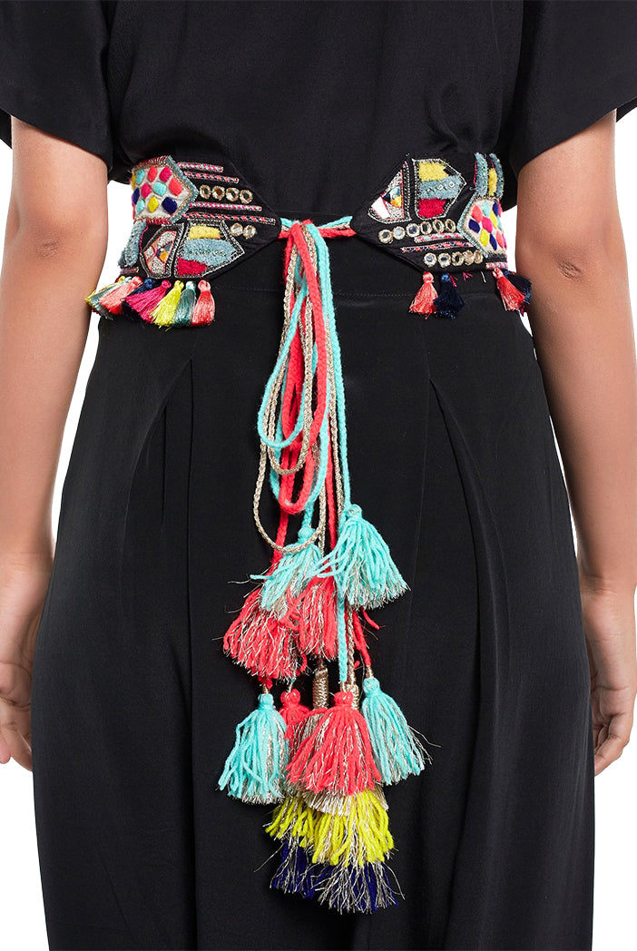 Black Dupion Silk Kutch Embroidered Tie-Up Belt with Colourful Tassels