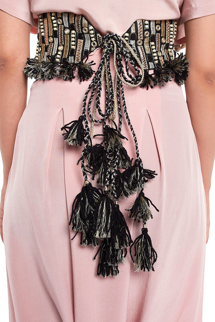 Black Dupion Silk Dash Embroidered Tie- Up Belt with Tassels