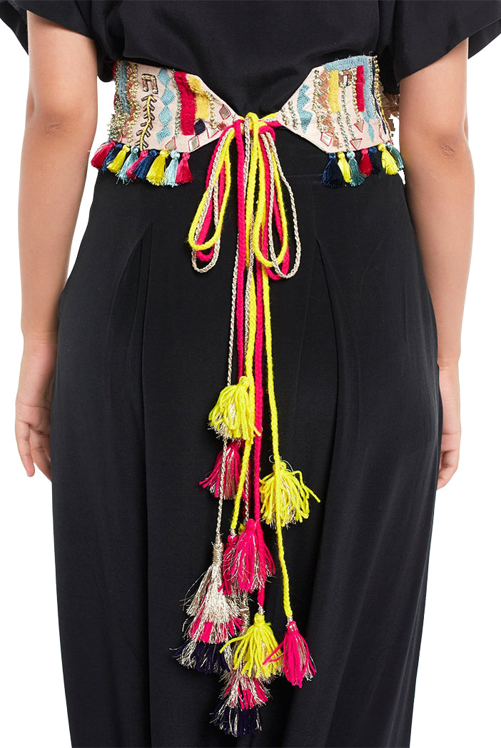 Stone Dupion Silk Marakesh Embroidered Tie- Up Belt with Colourful Tassels