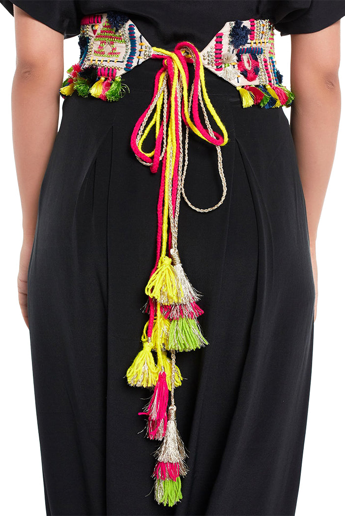 Stone Dupion Silk Istanbul Embroidered Tie-Up Belt with Colourful Tassels