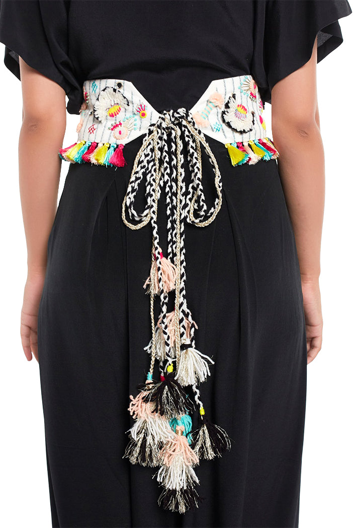 Cream Linen Baby Butti Embroidered Tie-Up Belt with Colourful Tassels