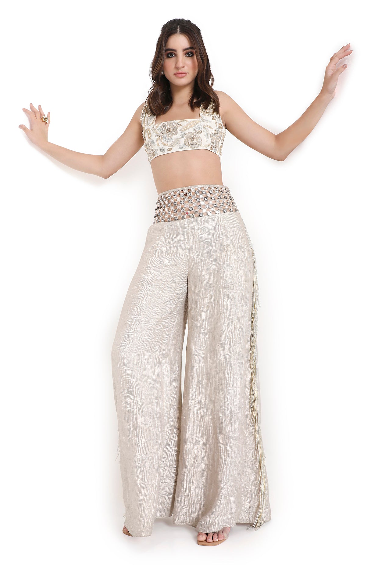 Siesta Off White Embroidered Choli And Pant With Mirror Belt