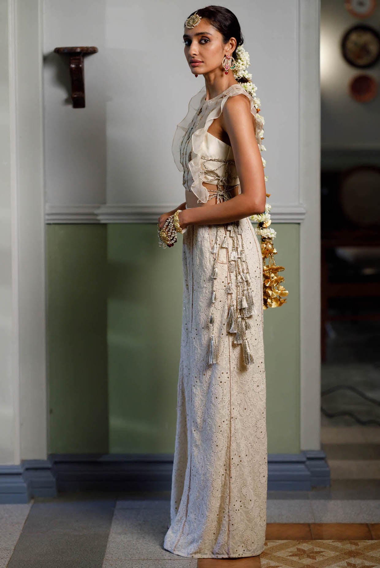 Stone Embroidered Bib With Ruffle And Side Tie-Up Bustier With Pant
