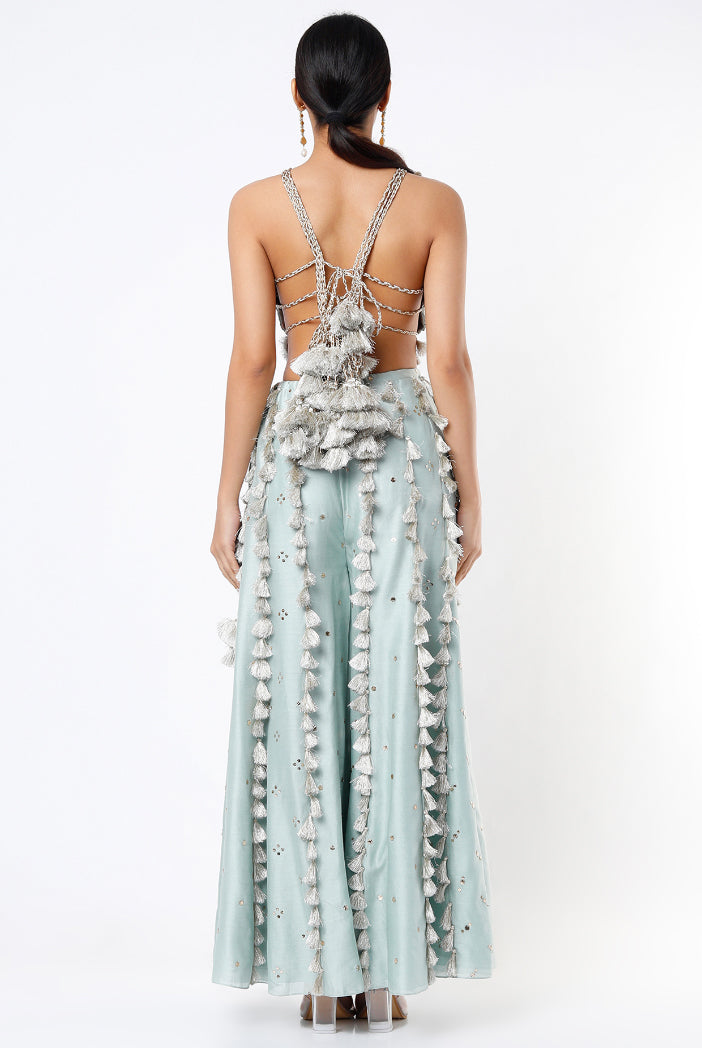 Powder Blue Georgette Embroidered Choli With Mukaish Silkmul Sharara With Tassel Detailing