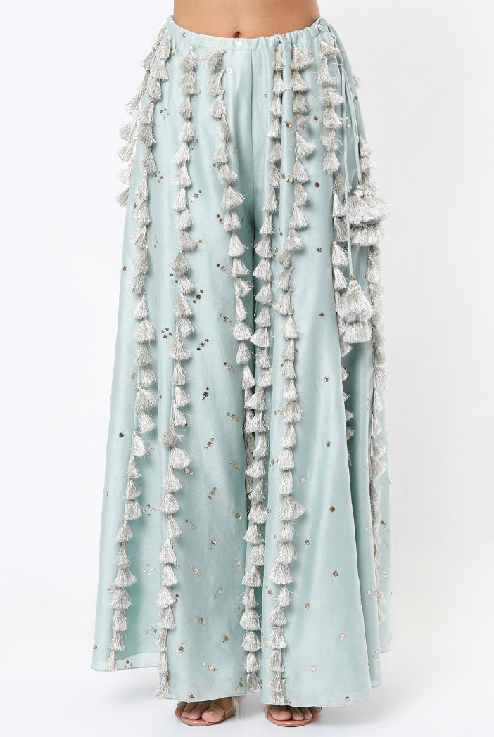 Powder Blue Georgette Embroidered Choli With Mukaish Silkmul Sharara With Tassel Detailing