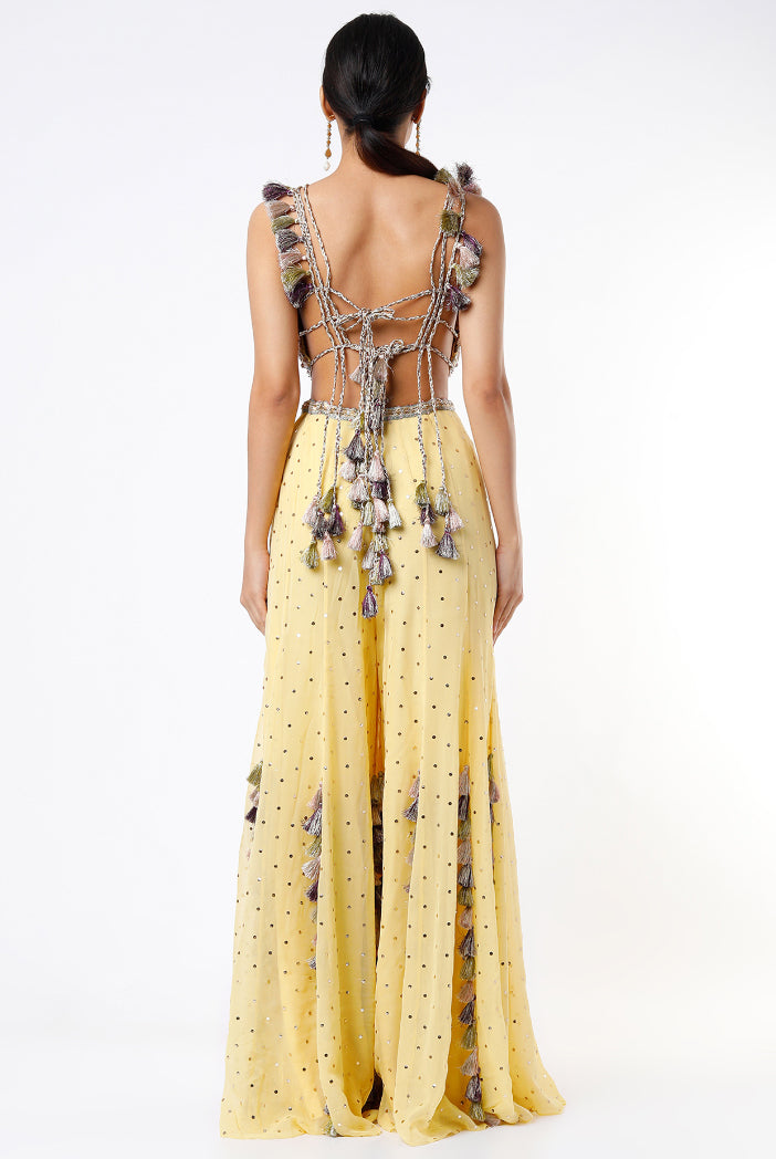 Yellow Georgette Embroidered Choli With Dot Mukaish Georgette Sharara
