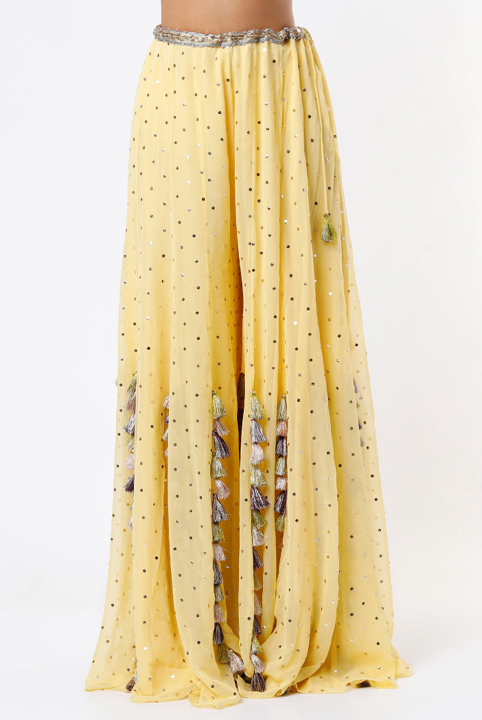 Yellow Georgette Embroidered Choli With Dot Mukaish Georgette Sharara