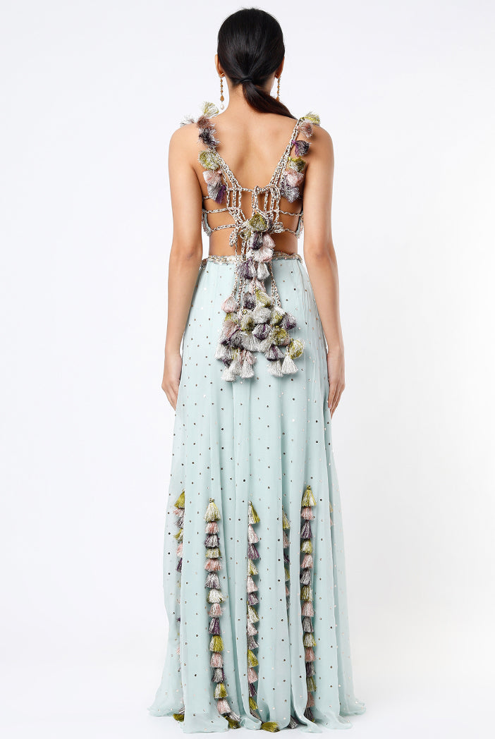 Powder Blue Georgette Embroidered Choli With Dot Mukaish Georgette Sharara